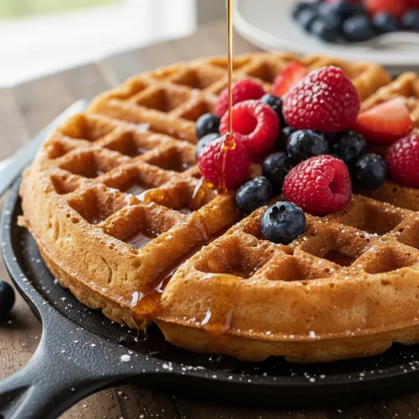 A stack of golden-brown, crispy waffles, made with a cast iron waffle maker, drizzled with maple syrup