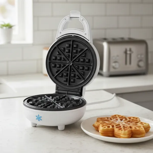 A white Disney Frozen snowflake waffle maker with a cooked snowflake waffle next to it.