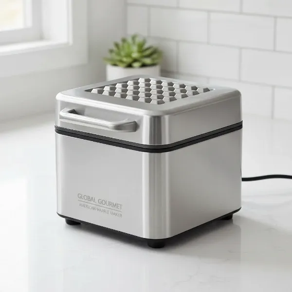 Global Gourmet American Waffle Maker with sleek stainless-steel design and deep pockets.