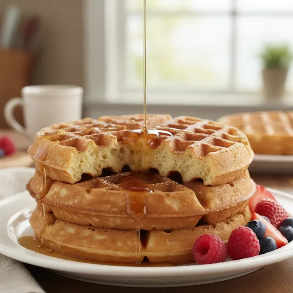 Perfectly golden-brown Belgian waffles with deep pockets, showcasing consistent browning.