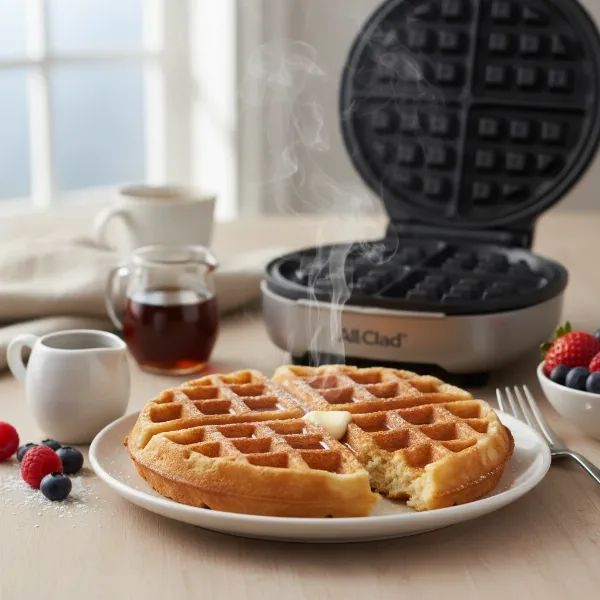 Perfectly golden-brown Belgian waffles with deep pockets, steaming hot, fresh from an All-Clad waffle maker, ready for syrup.