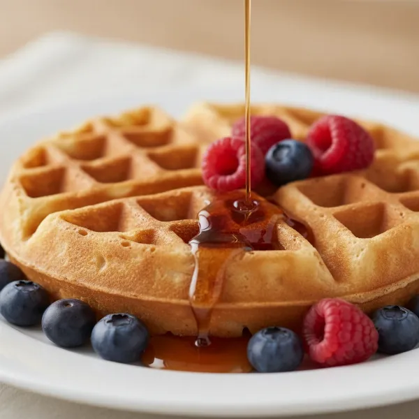 Perfectly cooked golden-brown deep American waffle with syrup and berries.