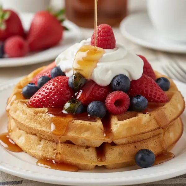Golden-brown waffles with syrup, berries, and whipped cream, symbolizing a perfect breakfast.