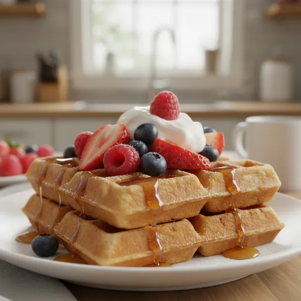 Perfectly cooked golden waffles topped with fresh berries, maple syrup, and whipped cream, ready to serve.