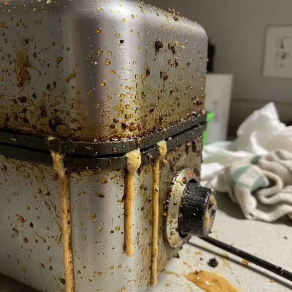 Close-up of a waffle maker's exterior showing significant baked-on grease and batter overflow.