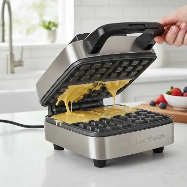 Hamilton Beach Belgian waffle maker with 180-degree flip design, showing batter spreading evenly.
