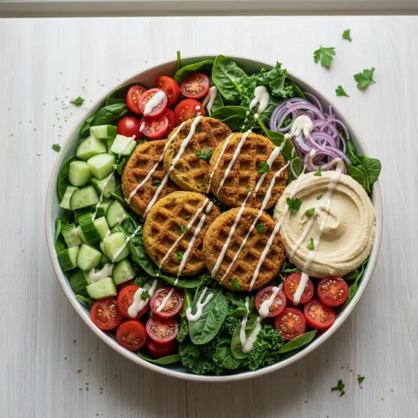 A healthy lunch bowl with golden falafel waffles, fresh vegetables, hummus, and tahini sauce.