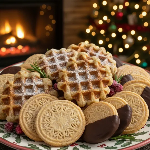 Assortment of decorative holiday waffle cookies and crisp Italian pizzelles on a festive serving platter.
