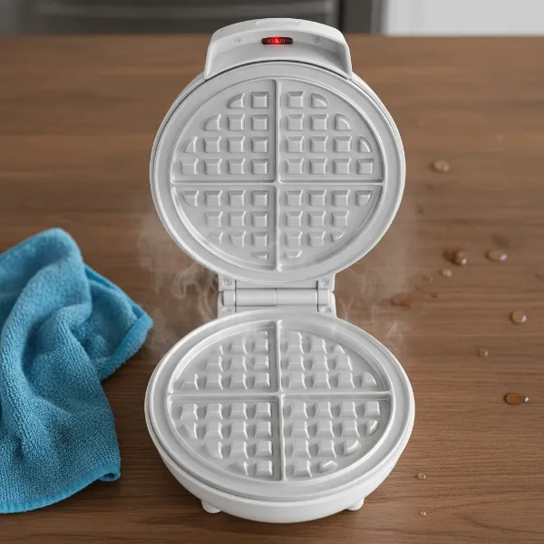 Holstein Housewares waffle maker with open lid, revealing non-stick cooking plates and indicator lights.