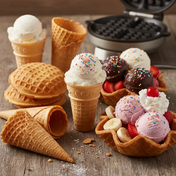 Assortment of crispy homemade ice cream cones and waffle bowls filled with various ice creams.