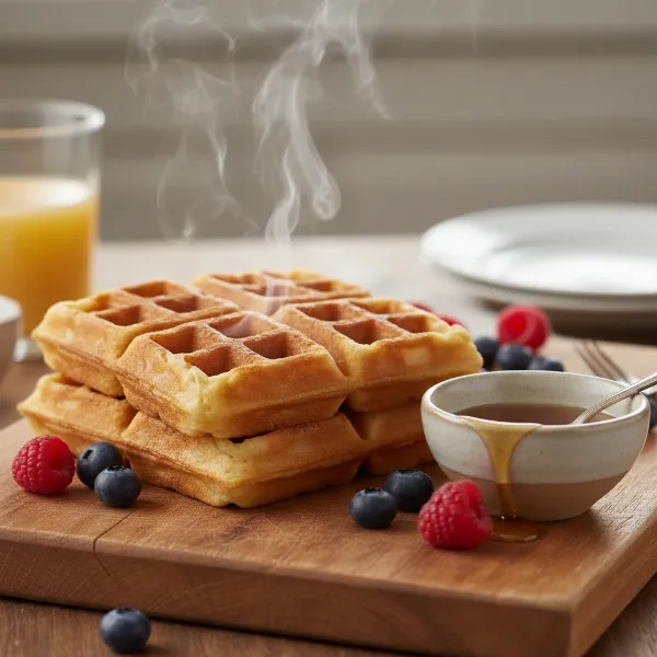 Freshly made mochi waffles, golden and crispy, stacked and ready for a delicious breakfast.