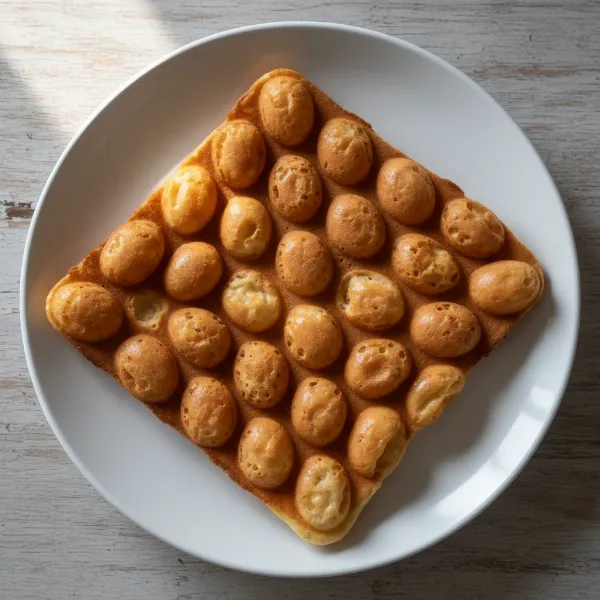 Golden-brown Hong Kong egg waffle with spherical bubbles, crispy exterior, and soft interior.