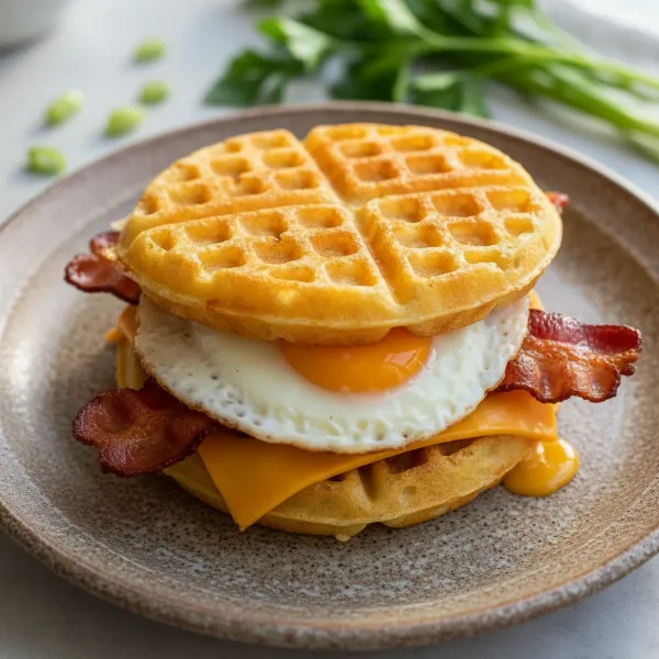 Delicious keto chaffle breakfast sandwich with egg, bacon, and cheese, on a plate.