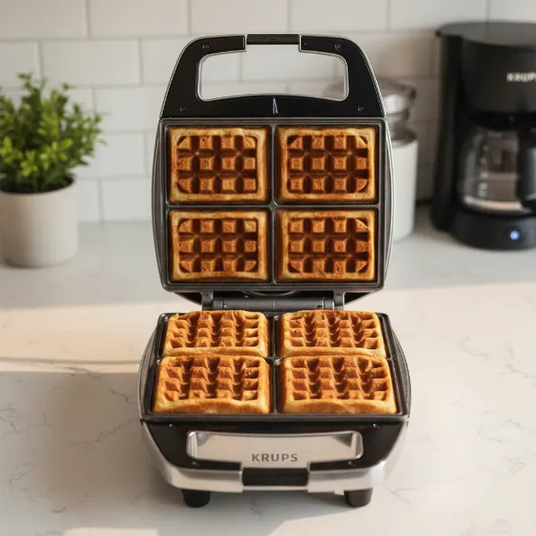 KRUPS Belgian Waffle Maker GQ502D51, stainless steel, making four square waffles, kitchen counter