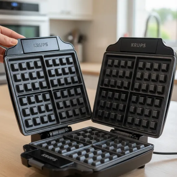 Removable non-stick waffle plates from a KRUPS maker, easy cleaning demonstration