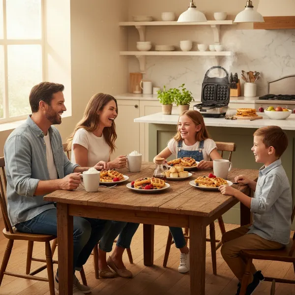 A happy family enjoying breakfast with a 4-slice waffle maker on the counter.