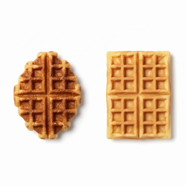 Visual comparison of Liege waffle's irregular shape and pearl sugar versus Brussels waffle's crisp rectangle.