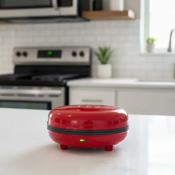 A small red electric waffle maker sitting on a kitchen counter, ready for use.