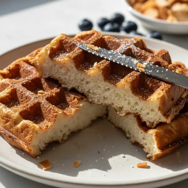 A mochi waffle showcasing its crispy golden-brown exterior and delightfully chewy, soft interior.