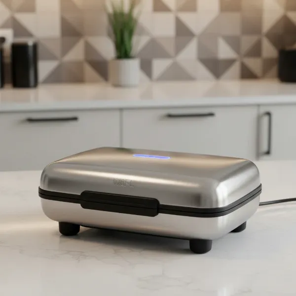 A modern electric waffle maker with a sleek design, ready to cook delicious waffles.