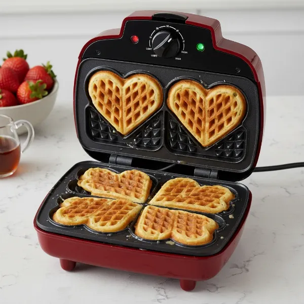 Mueller Heart Waffle Maker producing five heart-shaped waffles, highlighting features.