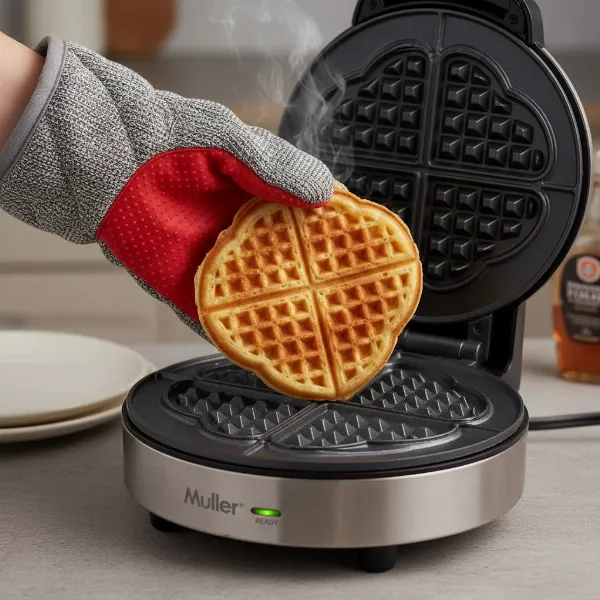 Hand gently lifting a heart-shaped waffle from non-stick plate of Mueller Waffle Maker.
