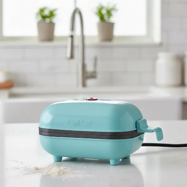 A compact blue Nostalgia MyMini Waffle Maker with a retro design on a kitchen counter.