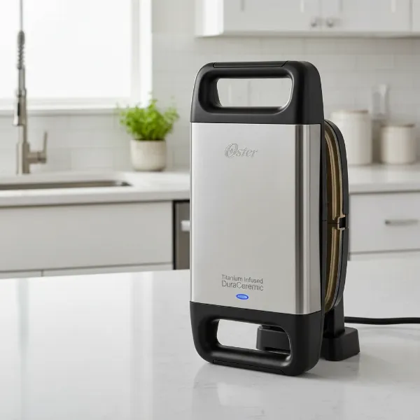 Modern Oster DuraCeramic waffle maker in a sleek kitchen, showcasing compact design.