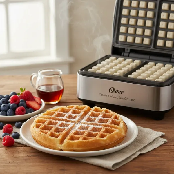 Golden-brown crispy waffles with Oster DuraCeramic waffle maker ready for breakfast.
