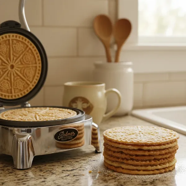 Palmer Electric Pizzelle Iron producing delicate, crispy Italian pizzelle cookies with intricate patterns