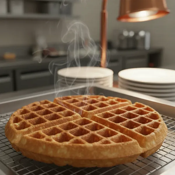 Perfectly cooked golden-brown Belgian waffle, thick and fluffy, with deep pockets for toppings and syrup.