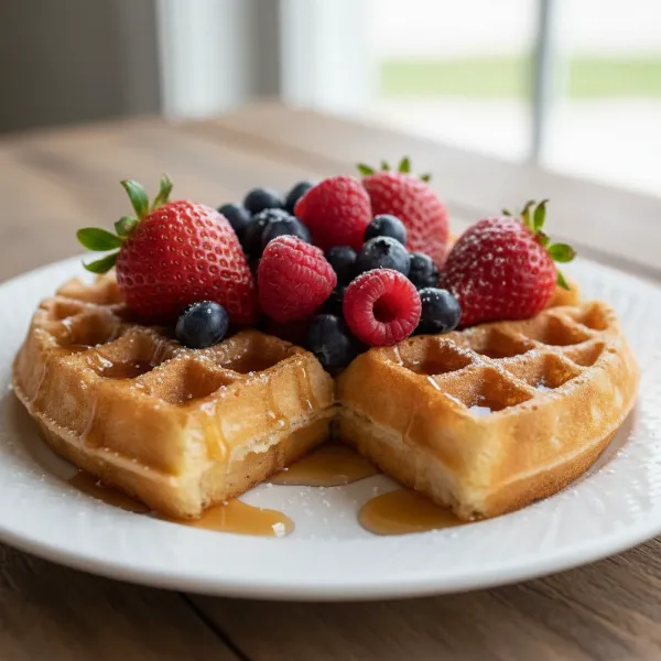 Close-up of a perfectly cooked, golden-brown Belgian waffle on a plate with berries and syrup.