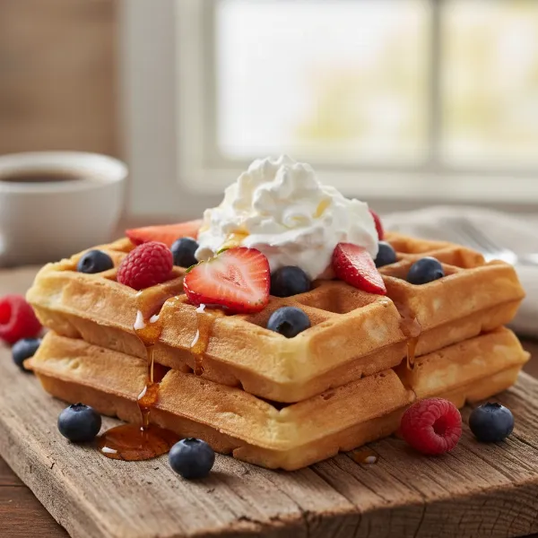 A stack of golden, fluffy Belgian waffles with deep pockets, topped with fresh berries and whipped cream.