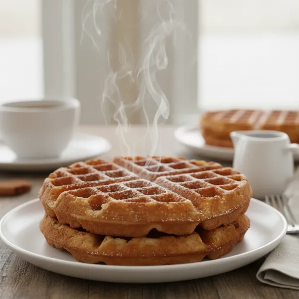 Two perfectly golden-brown, crispy Belgian waffles on a plate, ready to be served.