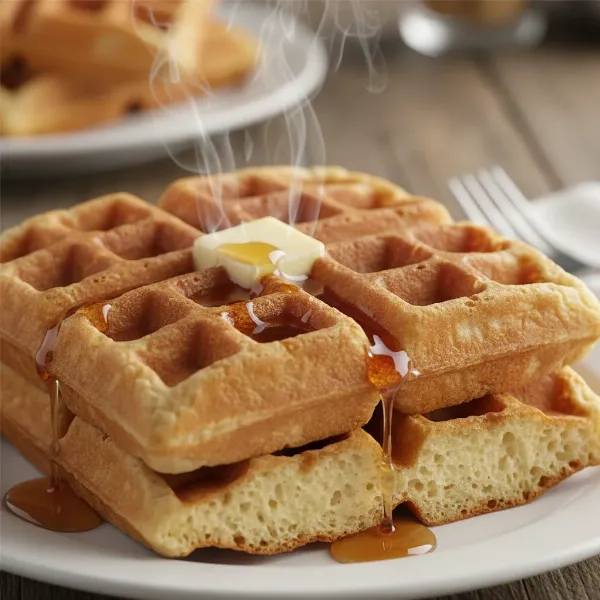 A close-up of a perfectly golden-brown, crispy waffle with a fluffy interior.