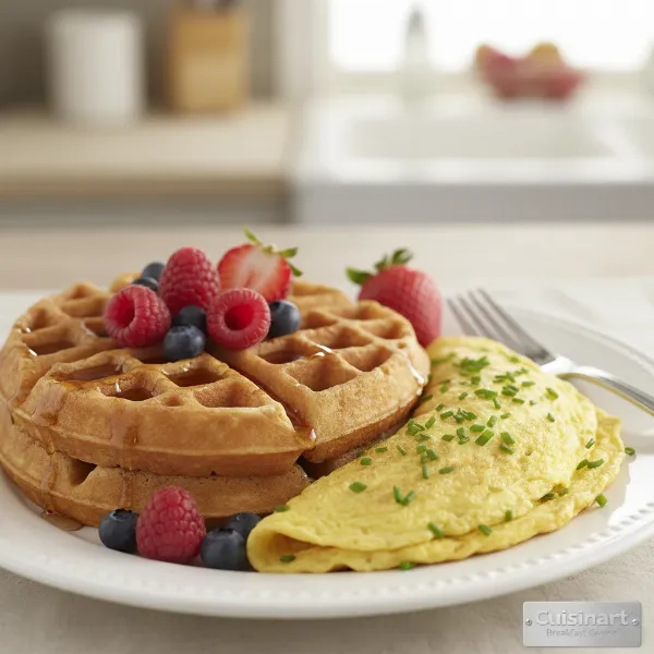 A perfectly cooked Belgian waffle next to a fluffy golden omelet, ready to be served.
