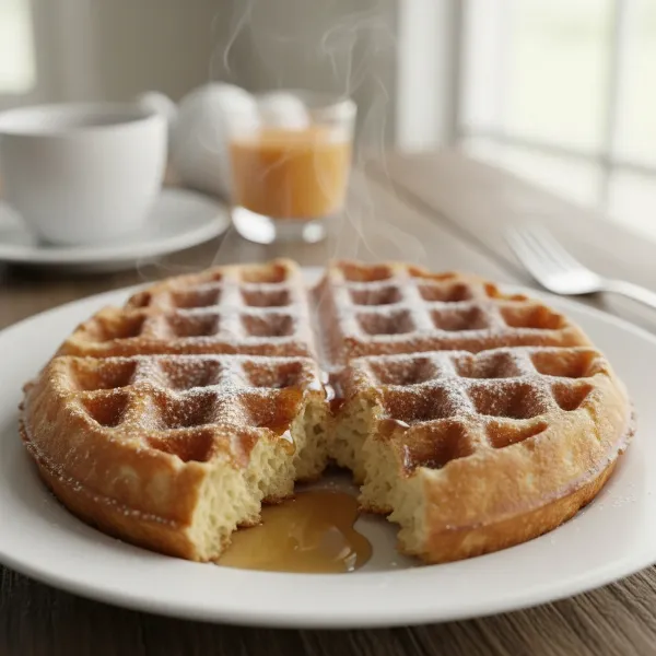 A freshly made Belgian waffle, golden brown and crispy, with deep pockets for toppings