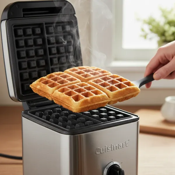 Golden brown Belgian waffle, deep pockets, perfectly cooked, removed from vertical waffle maker.