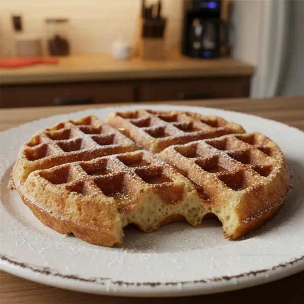 A golden-brown, thick Belgian waffle with deep pockets, fresh from the Gourmia GWM448, ready for toppings.