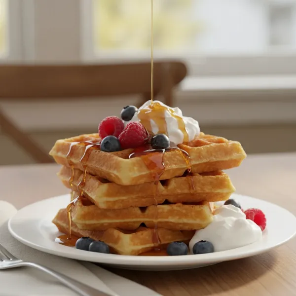 Stack of several perfectly cooked golden-brown Belgian waffles with deep pockets, drizzled with syrup.