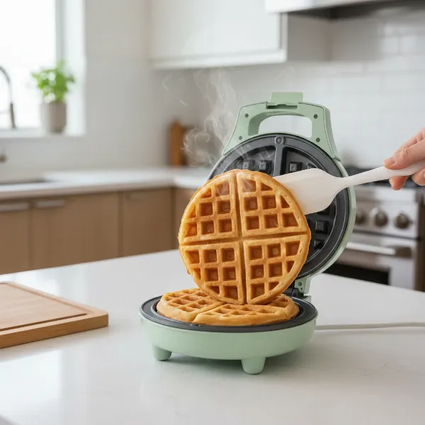 Golden brown, perfectly cooked waffle being lifted from a GreenLife ceramic waffle maker