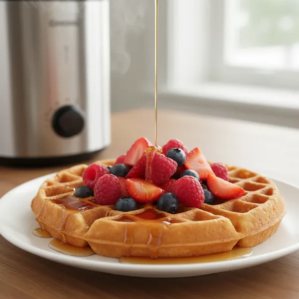 A perfectly golden-brown Belgian waffle, made in a vertical waffle maker, topped with syrup and berries.