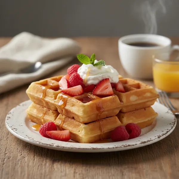 Two perfectly golden-brown, deep-pocket Belgian waffles served on a plate with fresh berries and syrup.