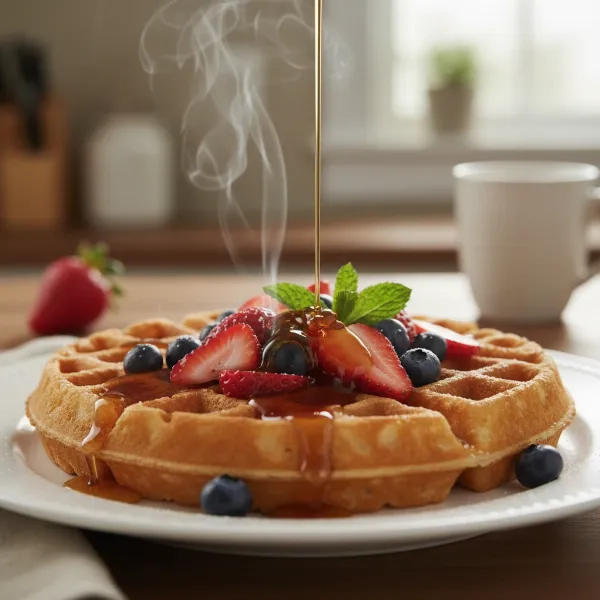 A close-up of a perfectly golden, crispy waffle with syrup and berries, ready to be eaten, showcasing ideal browning.