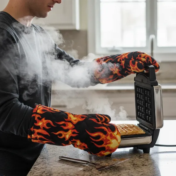 Person safely opening a hot waffle maker by standing to the side and lifting the lid, avoiding direct steam exposure.