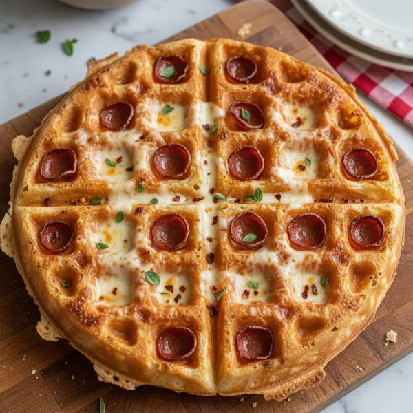 delicious crispy golden pizza waffle with melted cheese and savory toppings