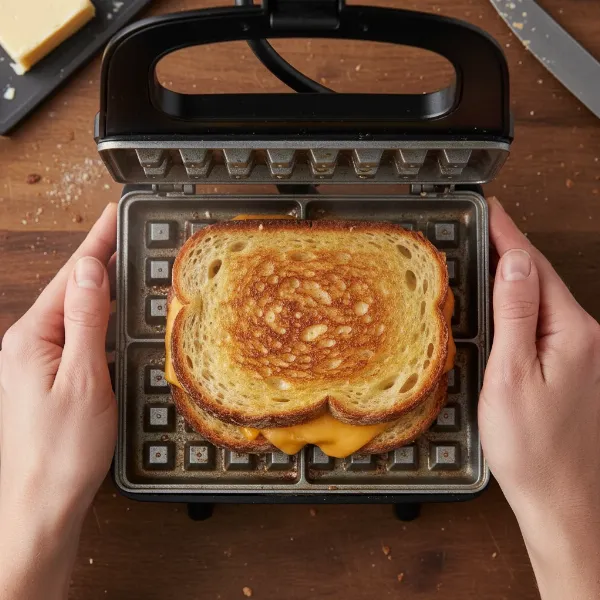 Hands gently closing a waffle iron over a prepared grilled cheese sandwich.