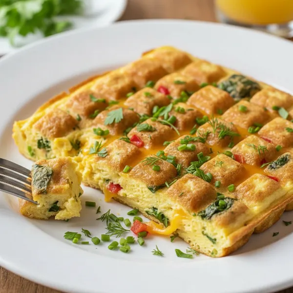 Delicious, perfectly cooked waffle maker omelet with fillings on a plate, ready to eat.