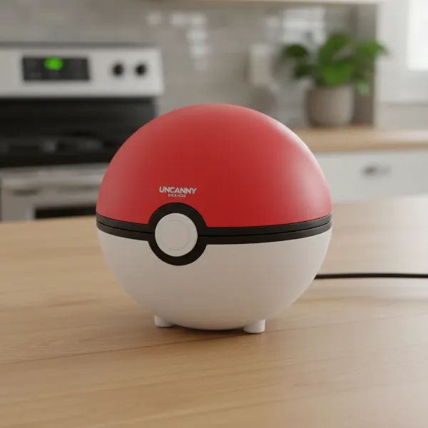 Close-up of Uncanny Brands Pokémon Pokeball Waffle Maker, lid closed, showing vibrant red and white design.