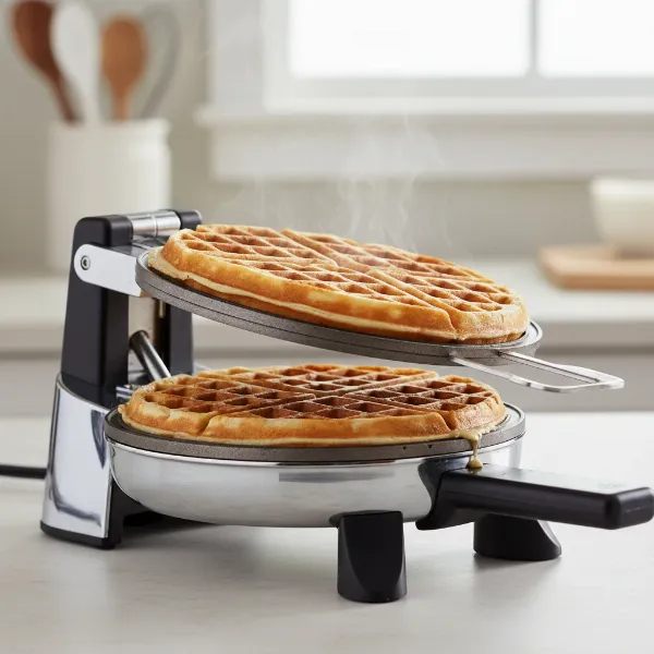 Presto FlipSide waffle maker demonstrating its 180-degree flip mechanism for even cooking.